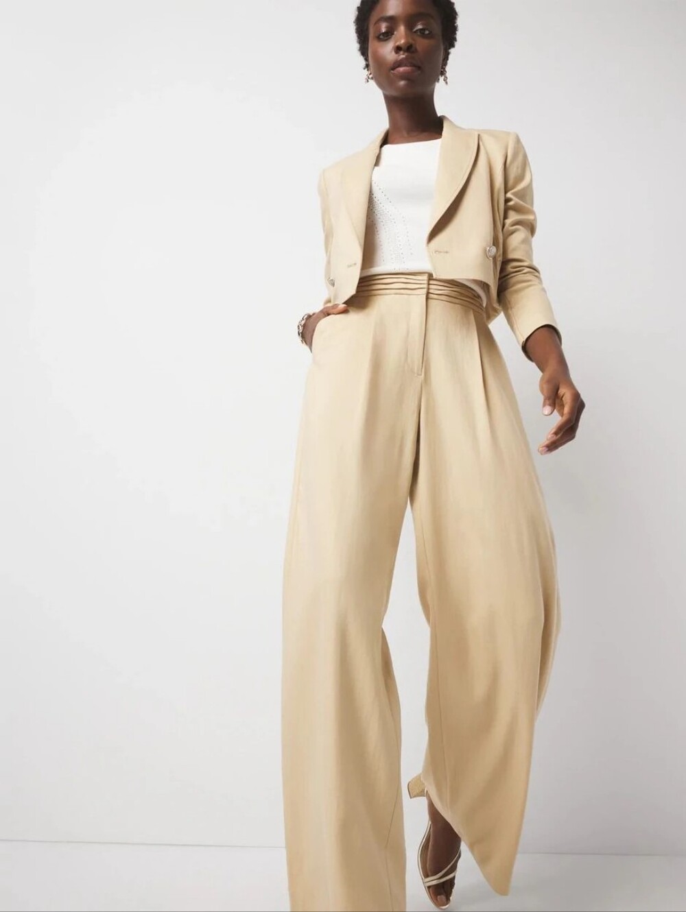 White House Black Market Neutral Wide-Leg High Waist Trousers Size 6
